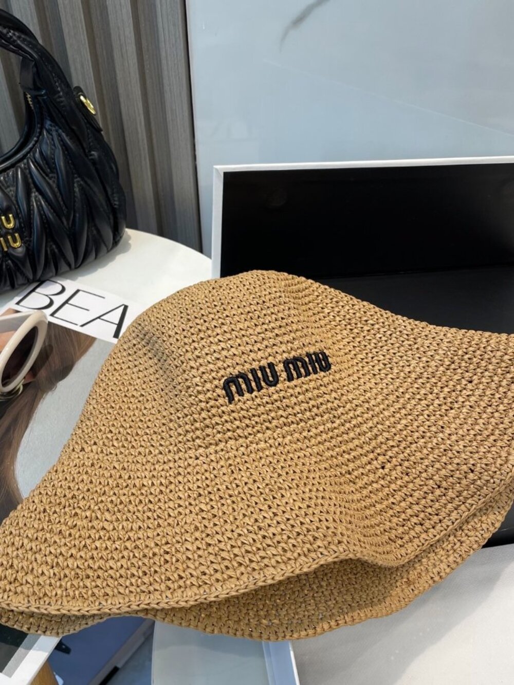 Miu‑Miu Embroidered Logo Straw Bucket Hat Summer Vacation Beach Sun Hat - Picture 4 of 8